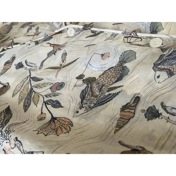 Le Soleil d Ete Magic Fish Silk Blouse Leaf Print Size PP XS S